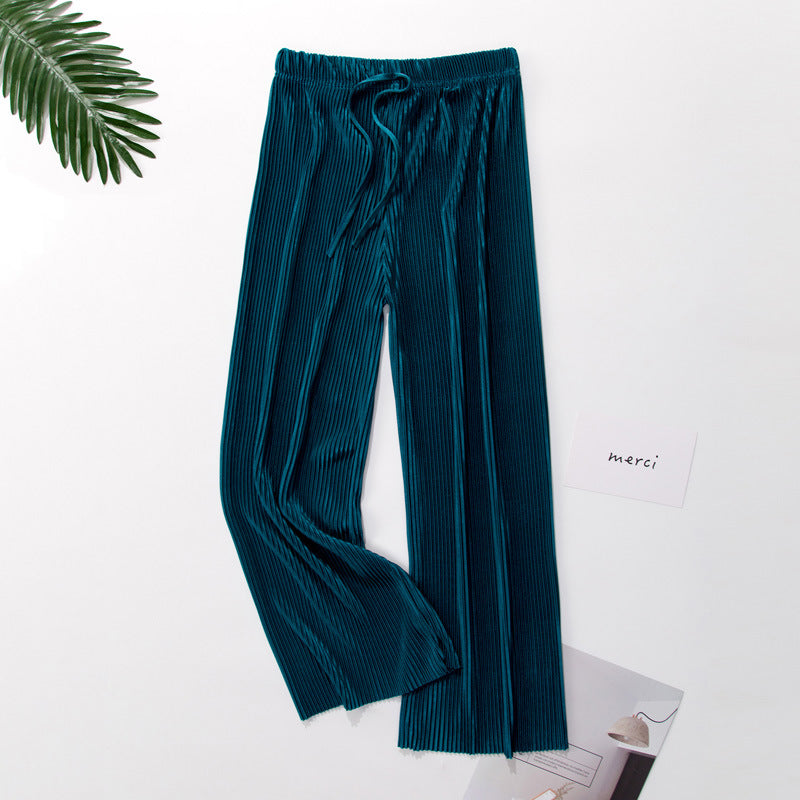 Pleated wide-leg pants trousers high waist vertical spring and summer new loose casual pants chiffon trousers ice silk nine points pants - Amazhona 