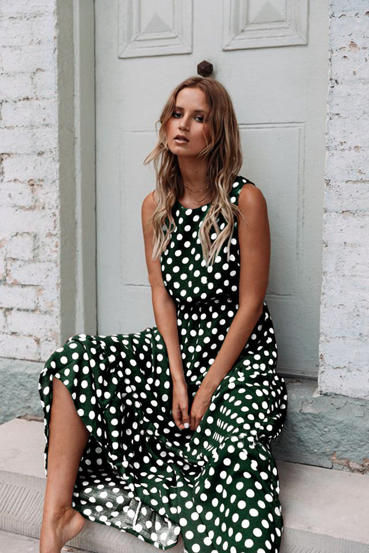 Spring And Summer Fashion Print Polka Dot Round Neck Long Skirt Women Dress - Amazhona 