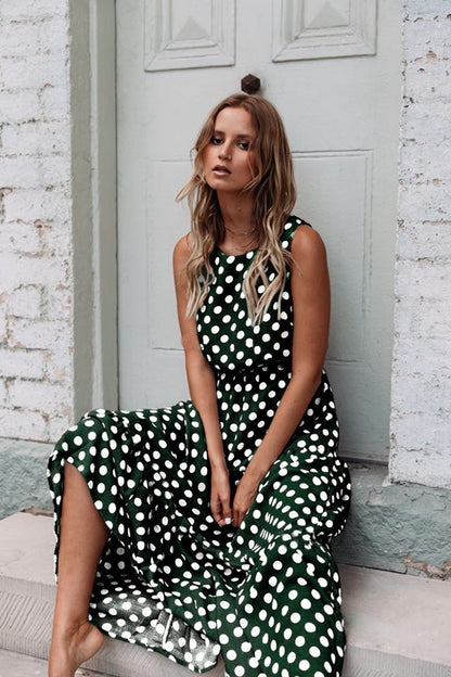 Spring And Summer Fashion Print Polka Dot Round Neck Long Skirt Women Dress - Amazhona 