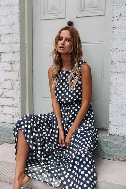 Spring And Summer Fashion Print Polka Dot Round Neck Long Skirt Women Dress - Amazhona 