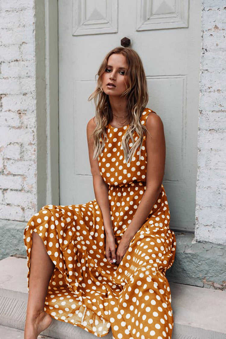 Spring And Summer Fashion Print Polka Dot Round Neck Long Skirt Women Dress - Amazhona 