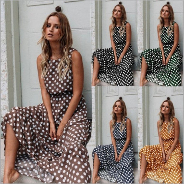 Spring And Summer Fashion Print Polka Dot Round Neck Long Skirt Women Dress - Amazhona 