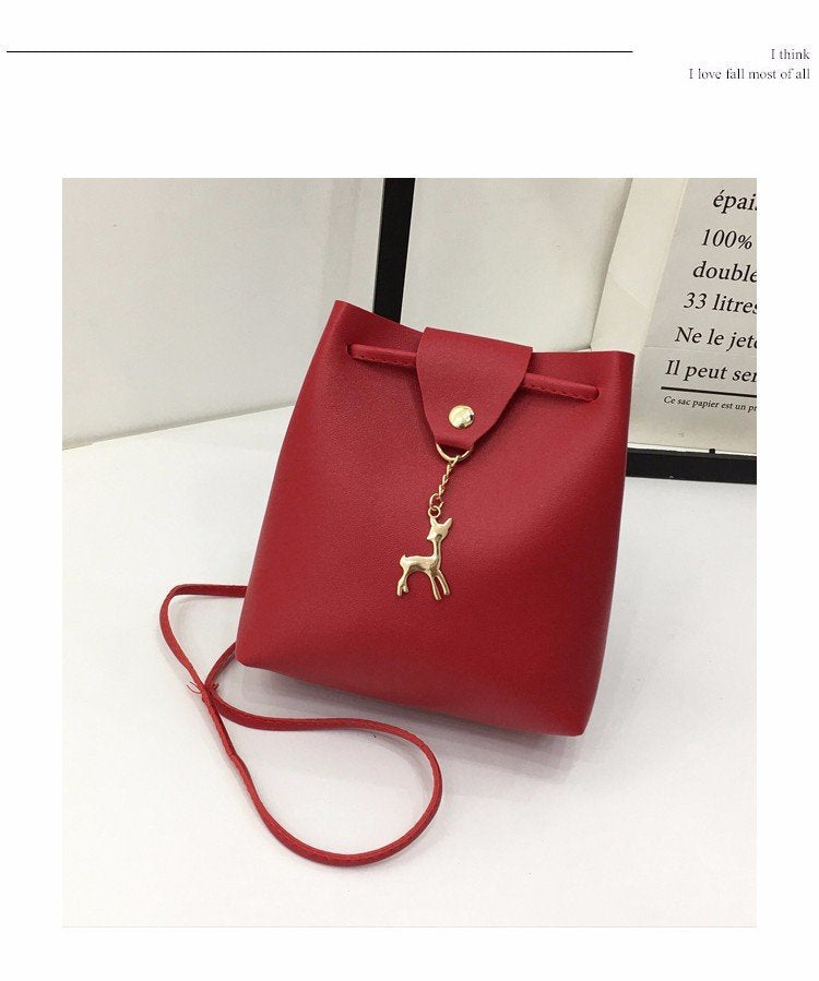 Small Square Bag One Shoulder Diagonal Fawn Pendant Solid Color PU - Amazhona 