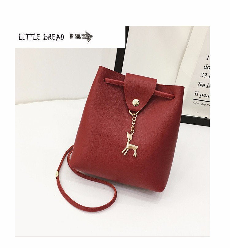 Small Square Bag One Shoulder Diagonal Fawn Pendant Solid Color PU - Amazhona 