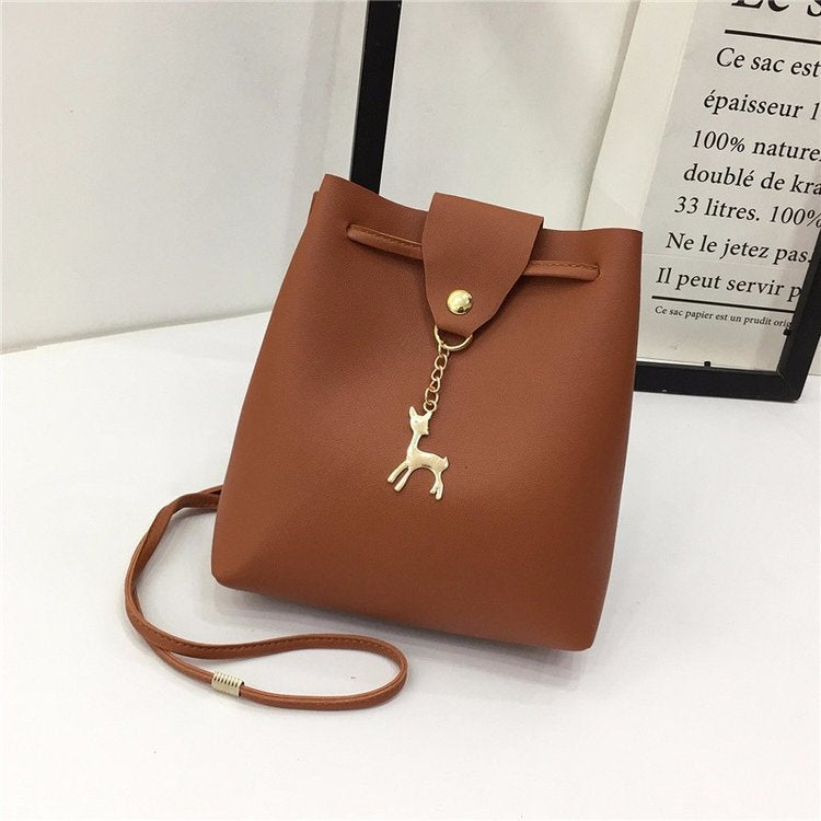 Small Square Bag One Shoulder Diagonal Fawn Pendant Solid Color PU - Amazhona 