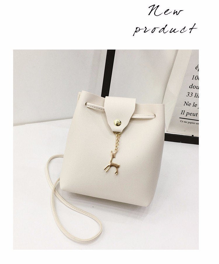 Small Square Bag One Shoulder Diagonal Fawn Pendant Solid Color PU - Amazhona 