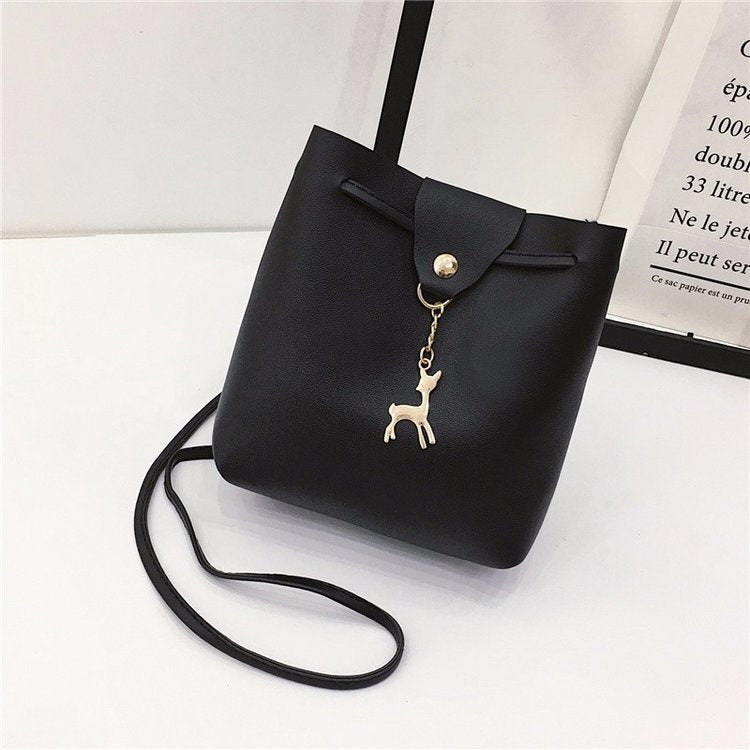 Small Square Bag One Shoulder Diagonal Fawn Pendant Solid Color PU - Amazhona 