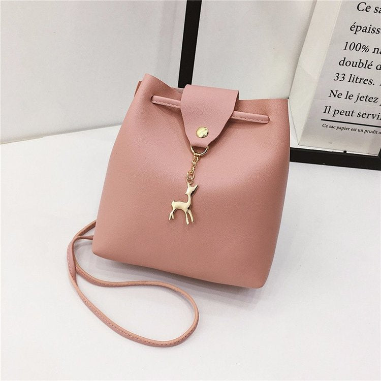 Small Square Bag One Shoulder Diagonal Fawn Pendant Solid Color PU - Amazhona 