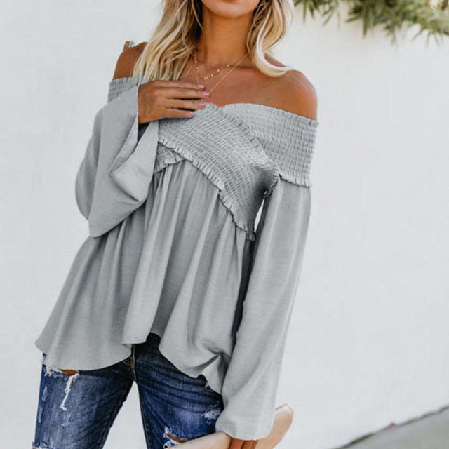 Women Sexy Off Shoulder Shirts Irregular Hem Blouse Shir - Amazhona 