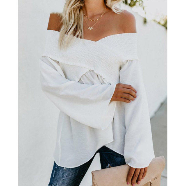 Women Sexy Off Shoulder Shirts Irregular Hem Blouse Shir - Amazhona 