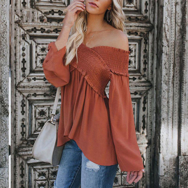 Women Sexy Off Shoulder Shirts Irregular Hem Blouse Shir - Amazhona 