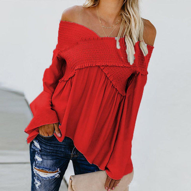 Women Sexy Off Shoulder Shirts Irregular Hem Blouse Shir - Amazhona 