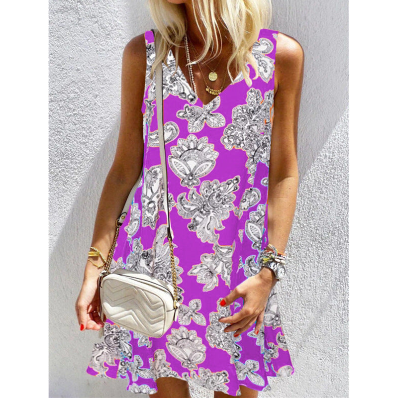 Summer New V Neck Printed Large Size Loose Women's Dress - Amazhona 