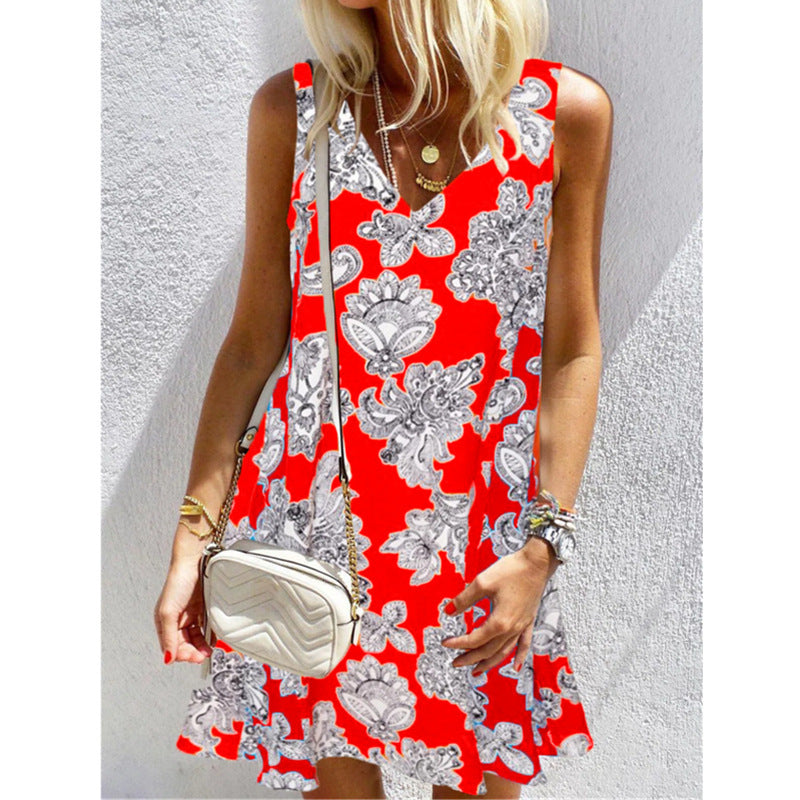 Summer New V Neck Printed Large Size Loose Women's Dress - Amazhona 