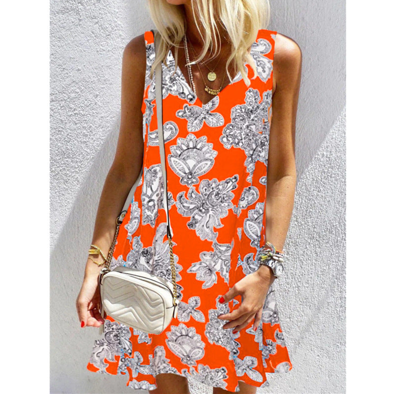 Summer New V Neck Printed Large Size Loose Women's Dress - Amazhona 