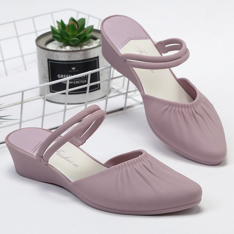 Pointed Outer Wedge Heel Thick Heel Single Shoes Mid-heel Slippers - Amazhona 