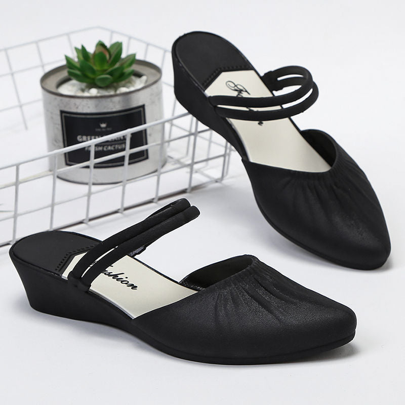 Pointed Outer Wedge Heel Thick Heel Single Shoes Mid-heel Slippers - Amazhona 