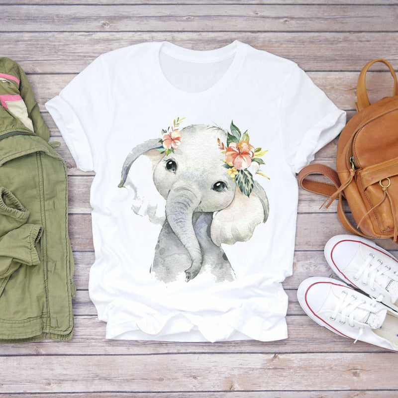 Flower Baby Elephant Print Short-sleeved T-shirt Blouse - Amazhona 