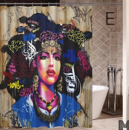 Diseño de arte Graffiti arte Hip Hop chica africana con pelo negro gran pendiente con cortina de ducha de edificio moderno para la decoración del baño