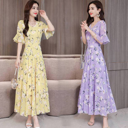 2021 new large size short-sleeved holiday dress female summer loose slim green flower fashion temperament long skirt - Amazhona 