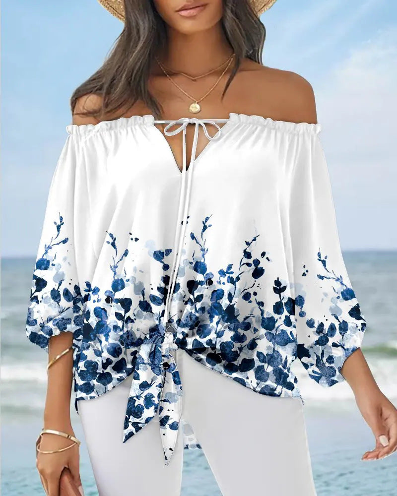 Sexy Off Shoulder Printed Chiffon Shirt Women Fashion Tied Detail Long Sleeve Pullover Tops Street Vintage Lady Blouse - Amazhona 