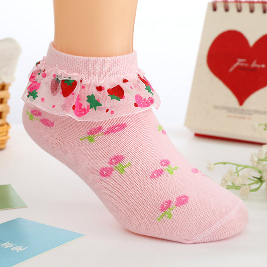 Strawberry Socks Girls Lace Socks Cotton  Children - Amazhona 