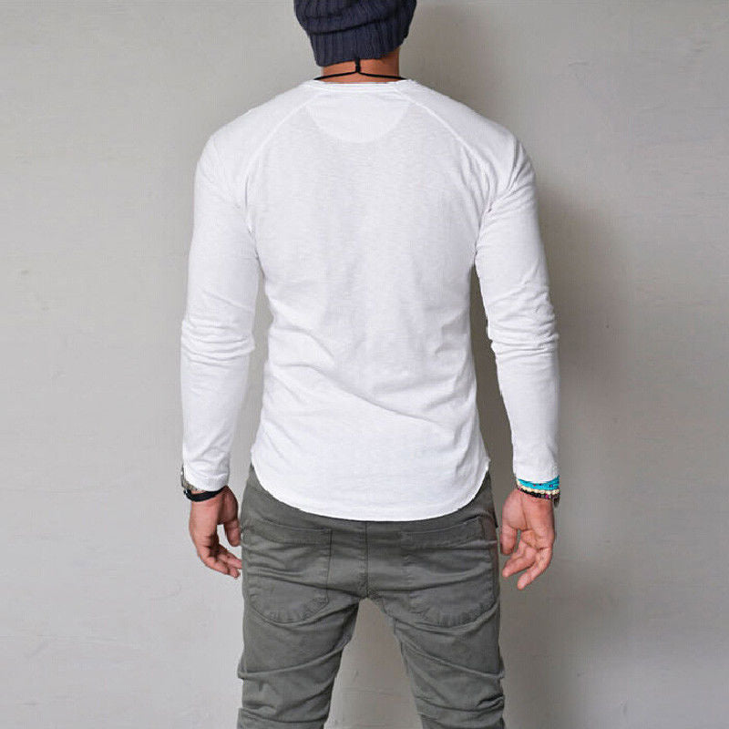 Autumn and winter round neck solid color button long-sleeved t-shirt men's t-shirt - Amazhona 