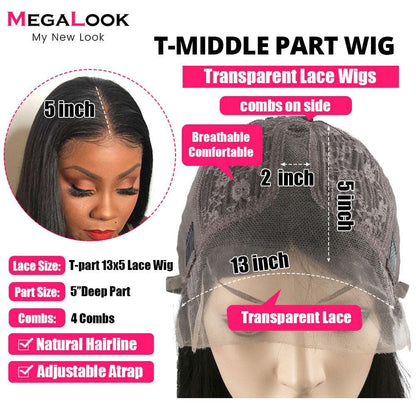 180 Density Human Hair Lace Wig MEGALOOK Transparent Lace Wigs For Women Human Hair Remy Brazilian T Part Lace Wigs 30 32 Inch - Amazhona 