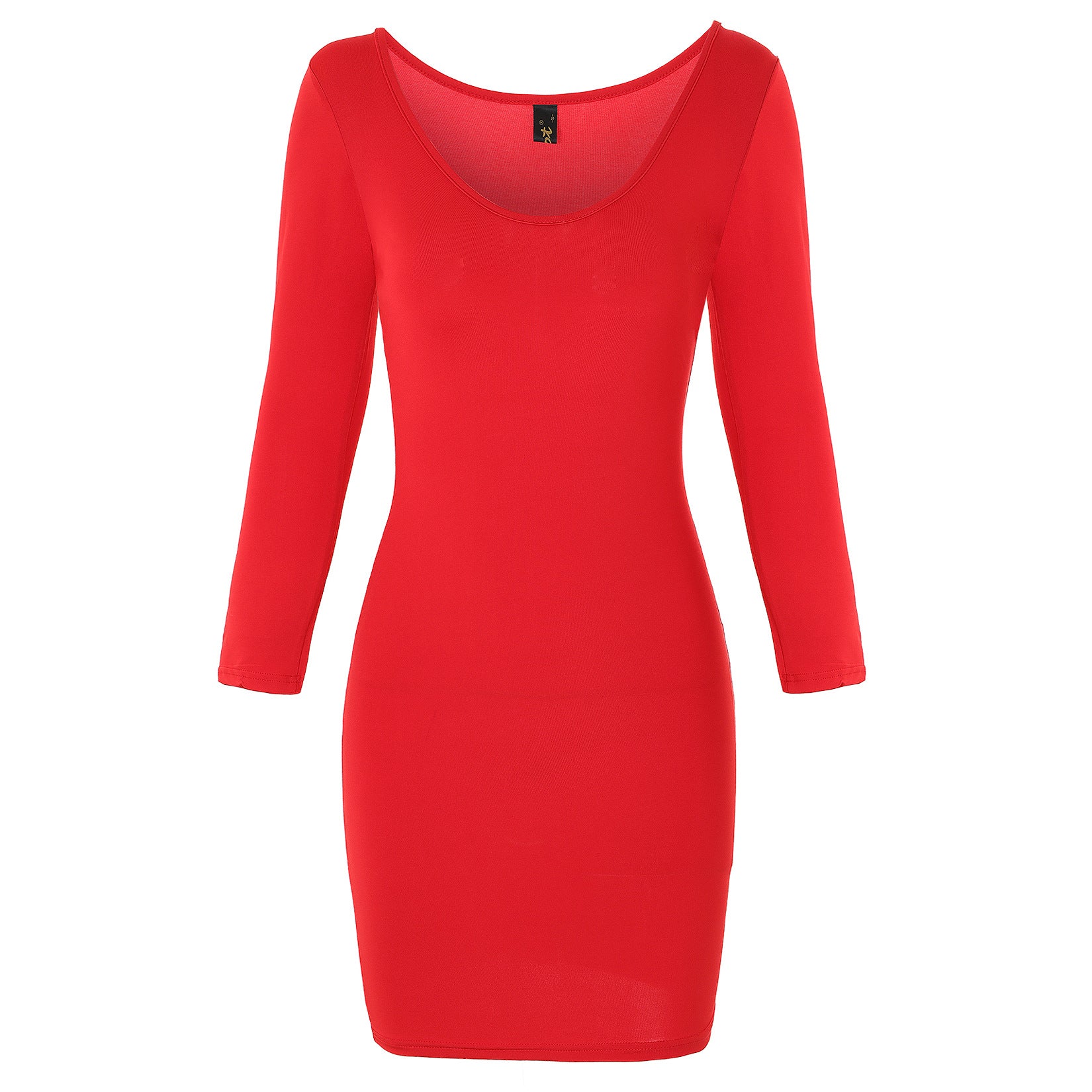 Solid color women's dress long sleeve large U-neck dress mid-skirt - Amazhona 