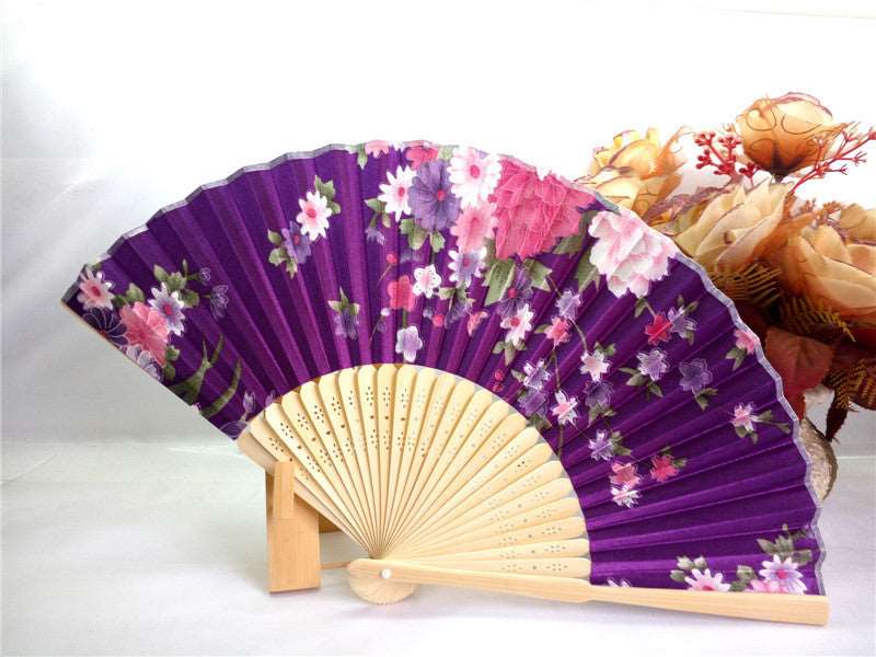 21CM Japanese style bamboo flower silk fan - Amazhona 