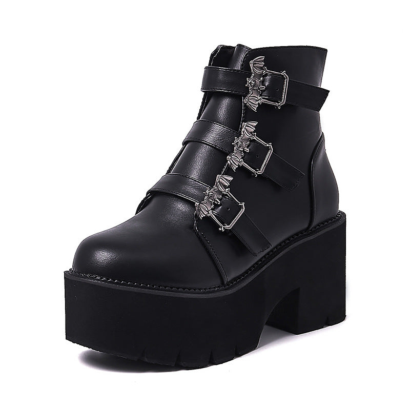 Lady Japanese Harajuku Punk Bat Buckle Gothic Style Short Boots - Amazhona 