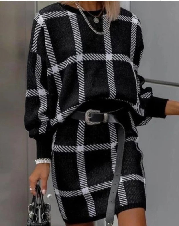 Large Plaid Pullover Long Sleeve Woolen Skirt Suit Two-piece Set - Amazhona 