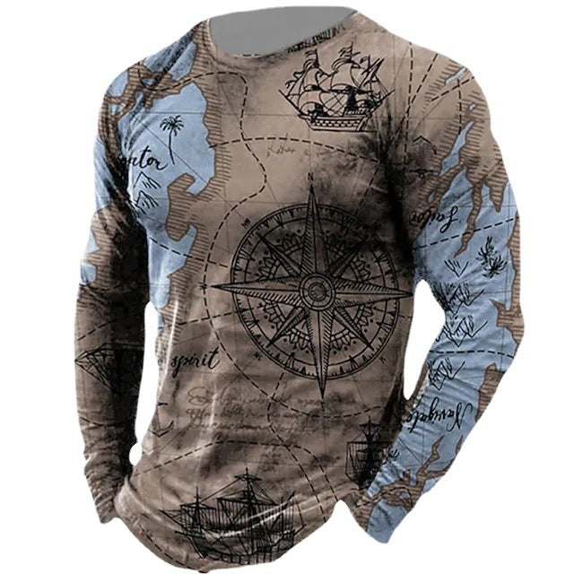 Men's Nautical Compass Pattern Crewneck Long Sleeve T-shirt Loose Sailing Enthusiast Long T - Amazhona 