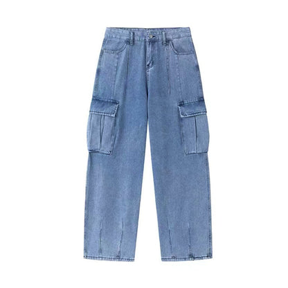 Retro Workwear Denim Women's Straight Loose Wide-leg Pants