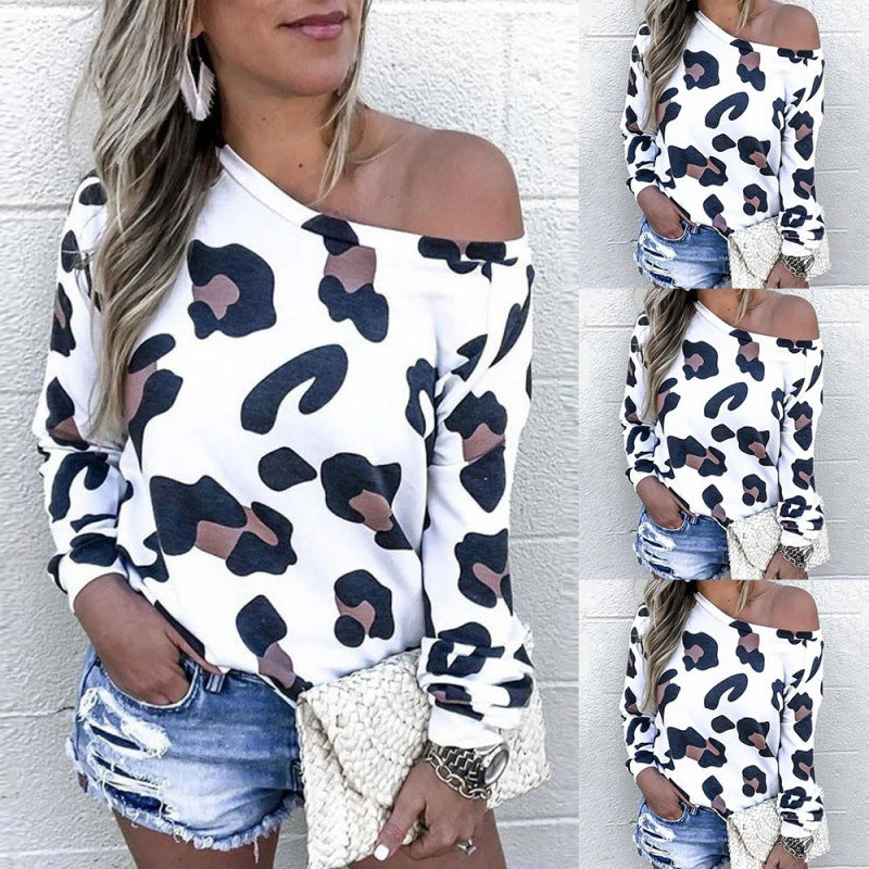 Fashion Leopard Print Sexy Long Sleeve Off Shoulder Top T Shirt - Amazhona 