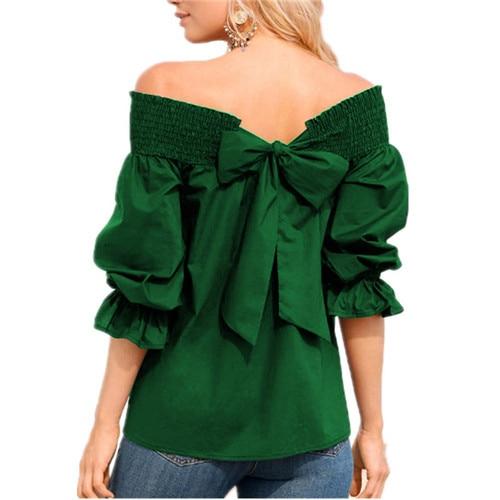 Off Shoulder Tops Spring Summer Strapless Women Blouse Bowknot Slash Neck Shirts Casual Loose Blusas Plus Size - Amazhona 