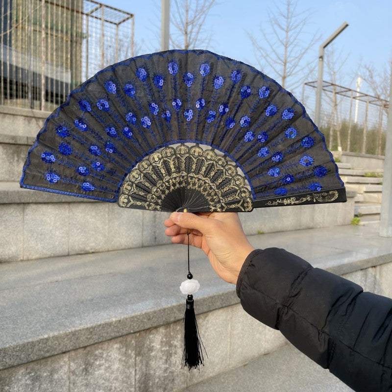 Peacock Feather Folding Fan Embroidery Black Rod - Amazhona 