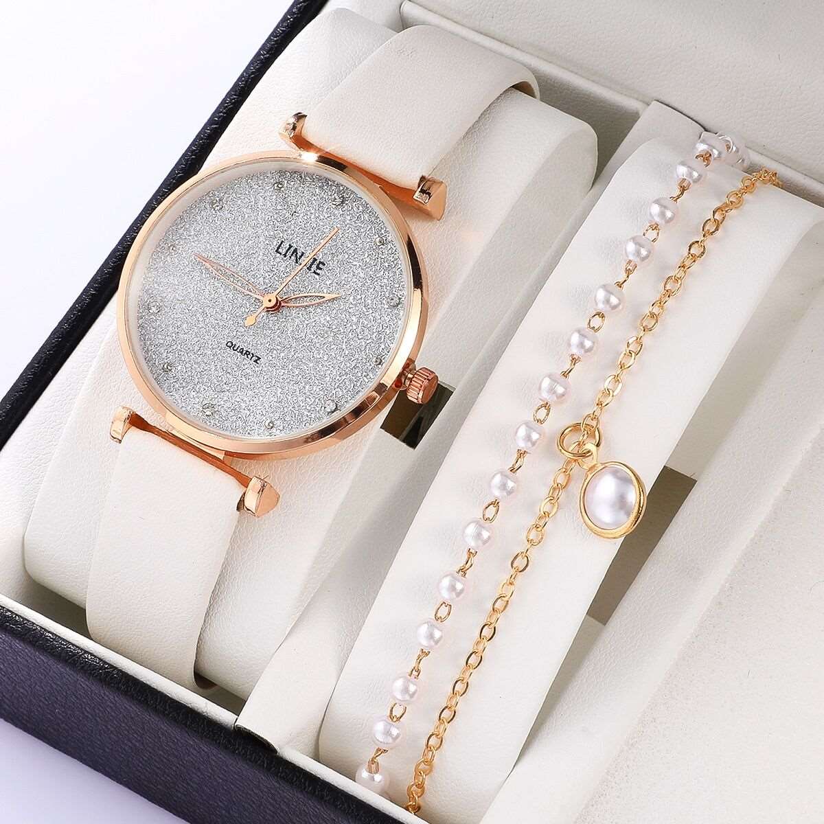 2 Piece Ladies Watch Set Fashion Starry Dial Bracelet Women's Leather Strap Quartz Girl's WristWatch - Amazhona 