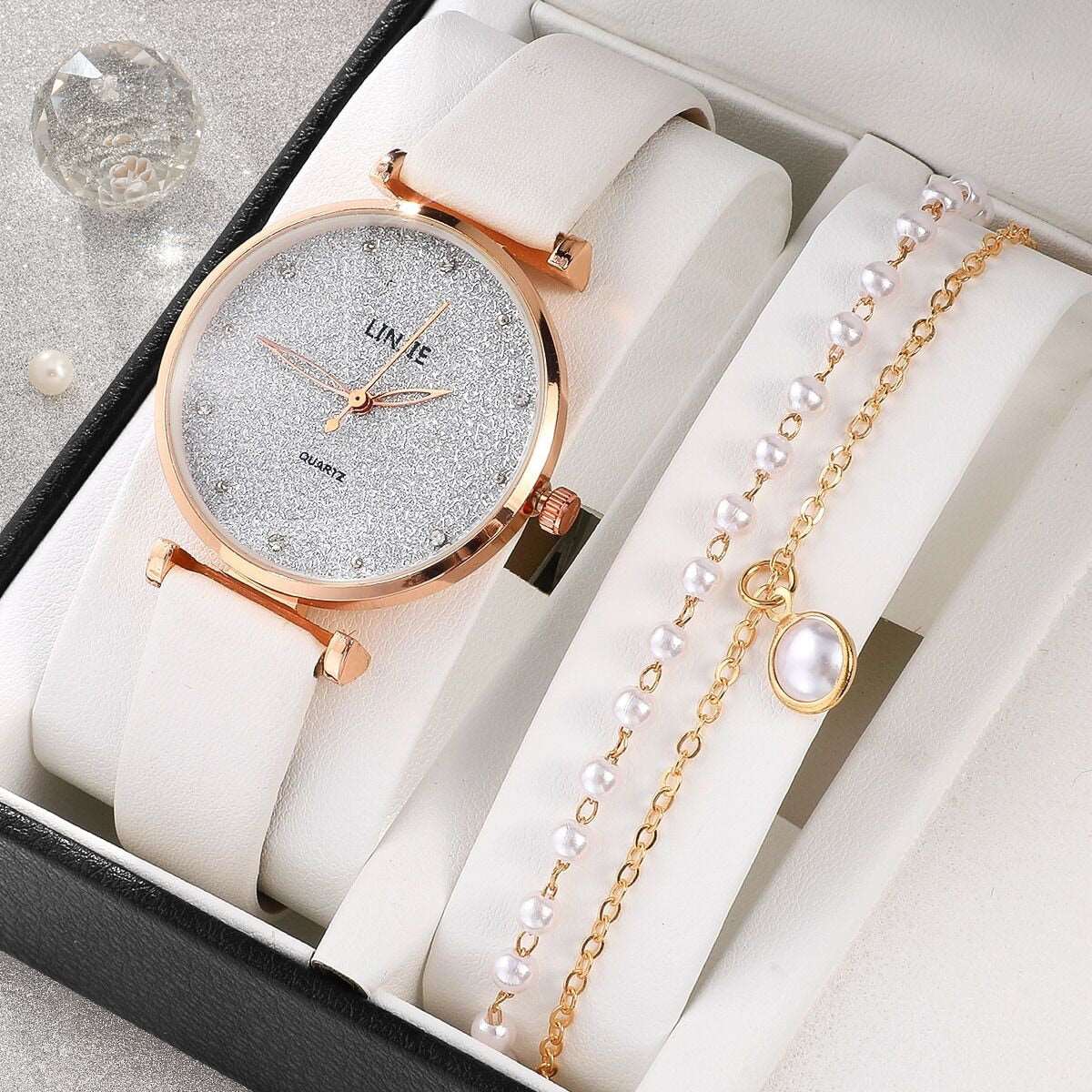 2 Piece Ladies Watch Set Fashion Starry Dial Bracelet Women's Leather Strap Quartz Girl's WristWatch - Amazhona 