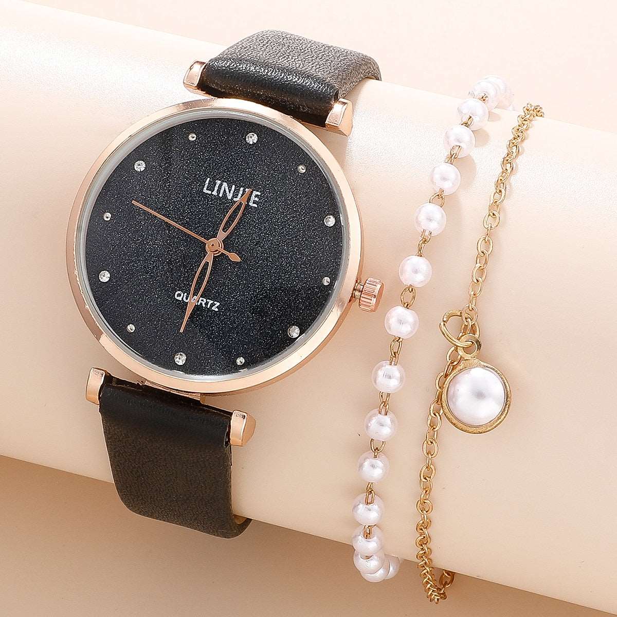 2 Piece Ladies Watch Set Fashion Starry Dial Bracelet Women's Leather Strap Quartz Girl's WristWatch - Amazhona 