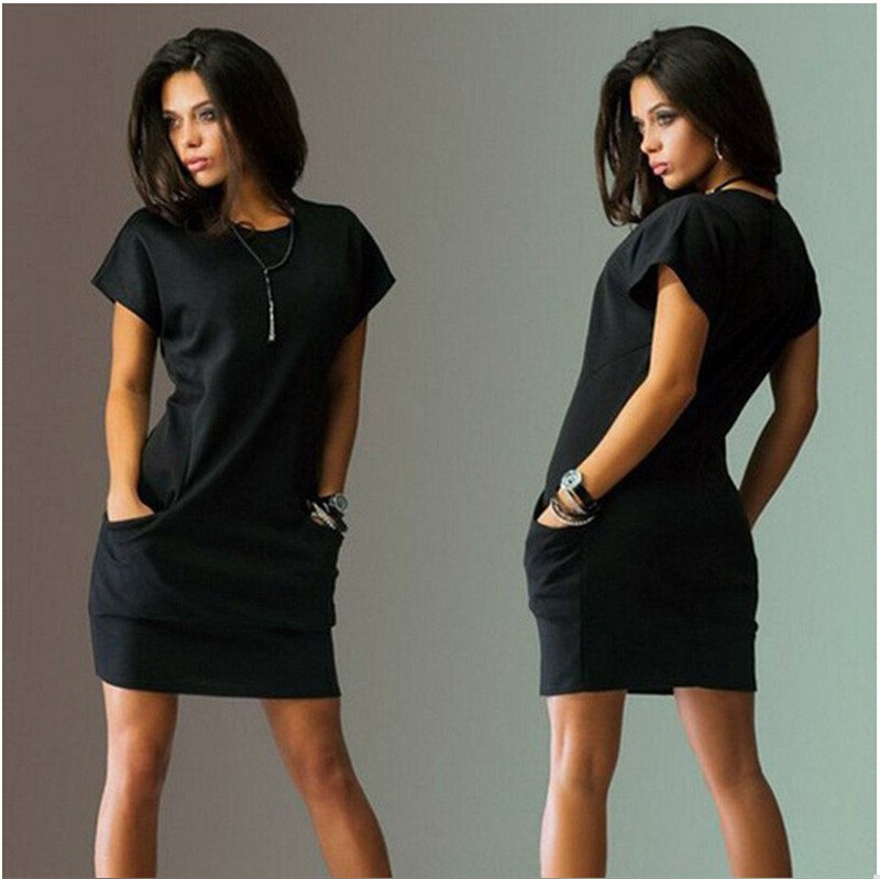 Summer Fashion Women Clothing Casual Short Sleeve O-Neck Black Blue Dresses Slim Pocket Bodycon T Shirt Dress - Amazhona 