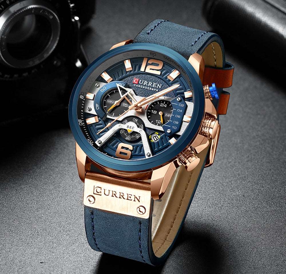 2021 CURREN Men Watches Top Brand Luxury Blue Leather Chronograph Sport Watch For Men Fashion Date Waterproof Clock Reloj Hombre - Amazhona 