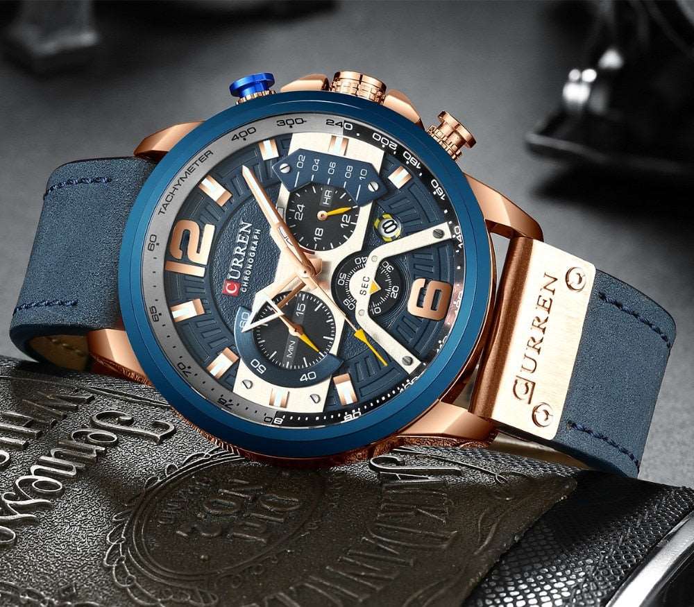 2021 CURREN Men Watches Top Brand Luxury Blue Leather Chronograph Sport Watch For Men Fashion Date Waterproof Clock Reloj Hombre - Amazhona 