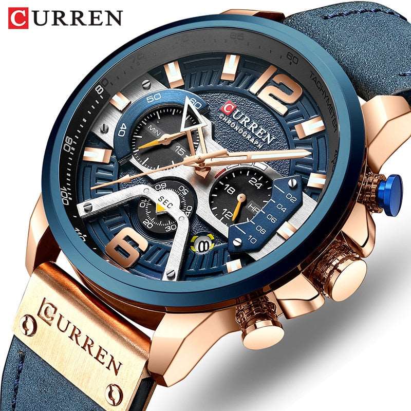 2021 CURREN Men Watches Top Brand Luxury Blue Leather Chronograph Sport Watch For Men Fashion Date Waterproof Clock Reloj Hombre - Amazhona 