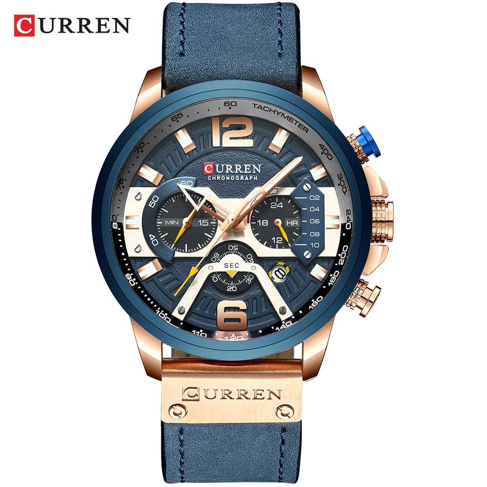 2021 CURREN Men Watches Top Brand Luxury Blue Leather Chronograph Sport Watch For Men Fashion Date Waterproof Clock Reloj Hombre - Amazhona 