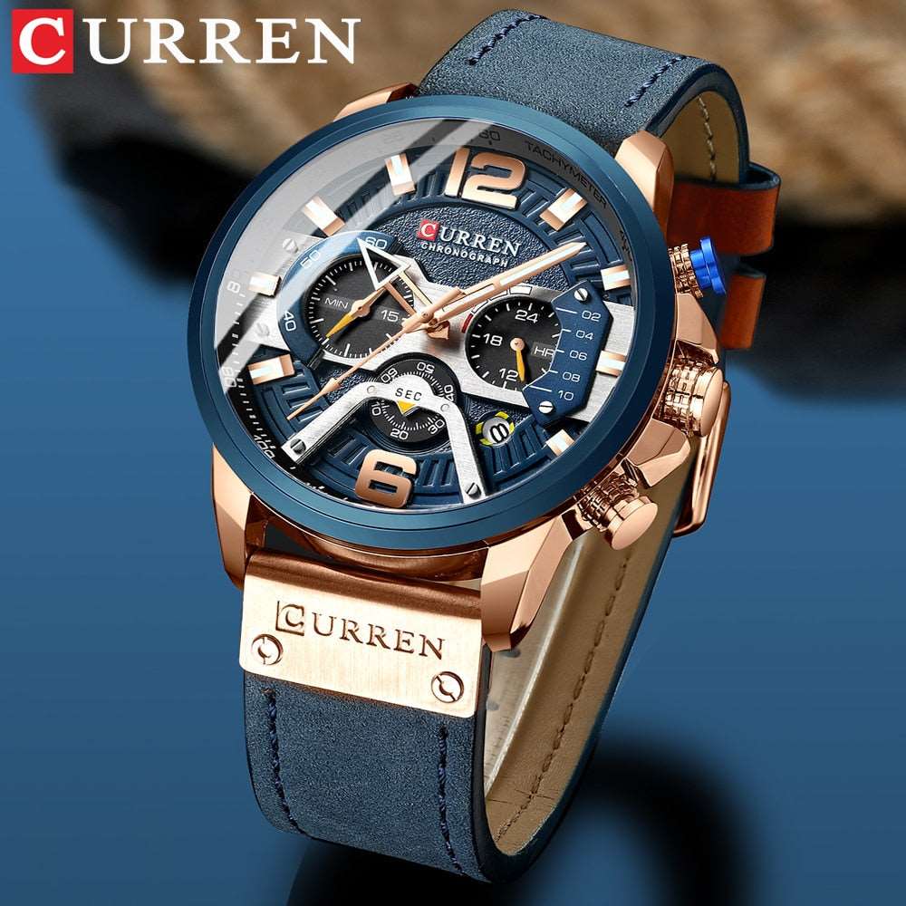 2021 CURREN Men Watches Top Brand Luxury Blue Leather Chronograph Sport Watch For Men Fashion Date Waterproof Clock Reloj Hombre - Amazhona 