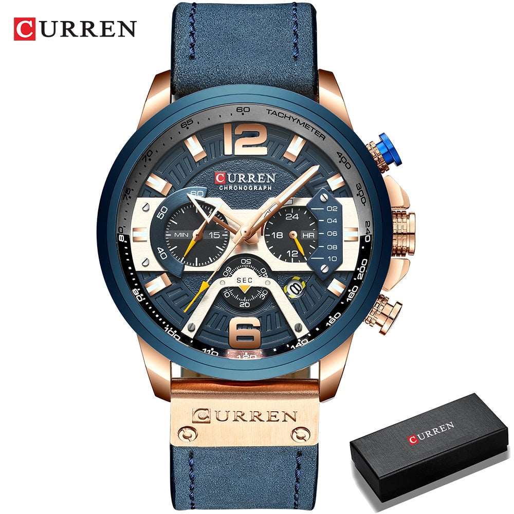 2021 CURREN Men Watches Top Brand Luxury Blue Leather Chronograph Sport Watch For Men Fashion Date Waterproof Clock Reloj Hombre - Amazhona 