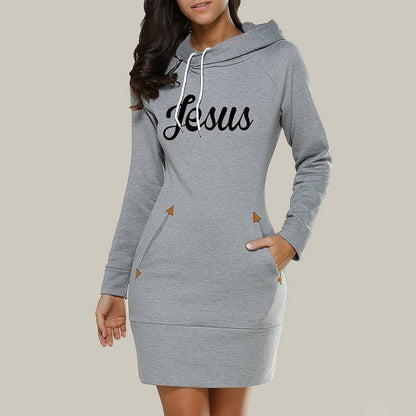 2021 Spring And Autumn Ladies Knee-Length Dress Hooded Warm Sweatshirt Long Sleeve Camp Collar Pocket Simple Casual Sports Dress - Amazhona 