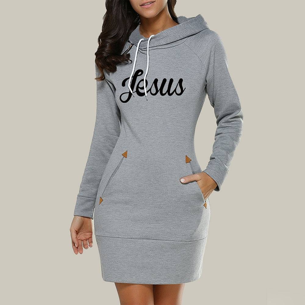 2021 Spring And Autumn Ladies Knee-Length Dress Hooded Warm Sweatshirt Long Sleeve Camp Collar Pocket Simple Casual Sports Dress - Amazhona 