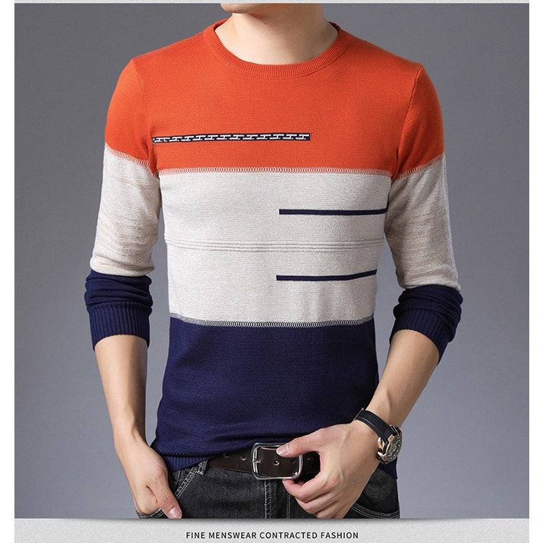 2021 Winter Pullover Men Round Collar Striped Cotton Sweaters Slim Fit Pull Homme Knitwear - Amazhona 